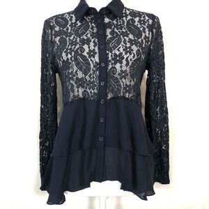 MAXSPORT Womens Floral Lace Long Sleeve Blouse Size Medium Ruffled Bottom Navy